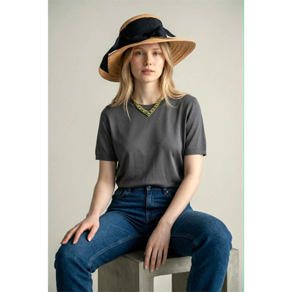 Four Buttons Straw Sun Hat Wide Brim Black Ribbon Coastal Chic One Size Summer